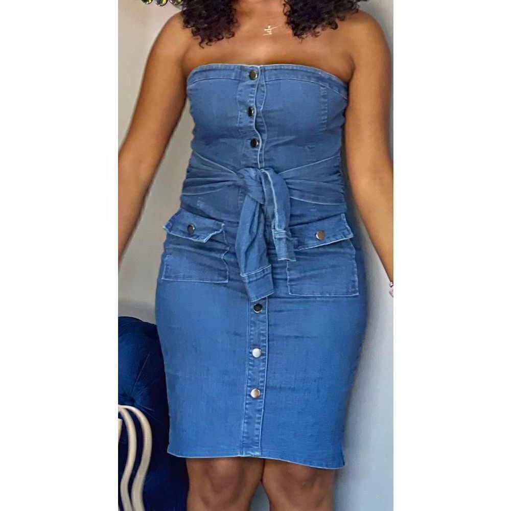 Denim Blvd Tied To You Strapless Denim Dress NEW